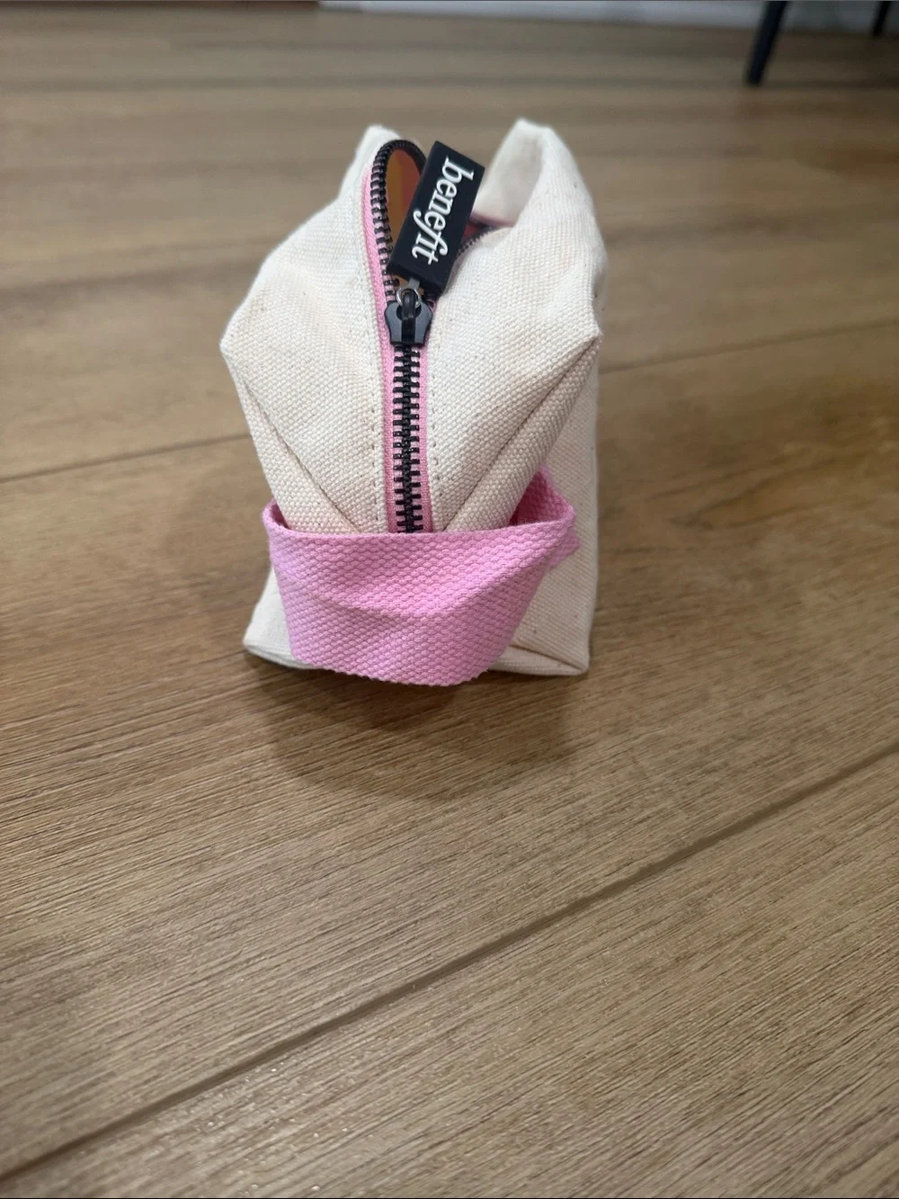 Benefit Beige Canvas Pencil Pouch with Pink Handle and Eye Motif